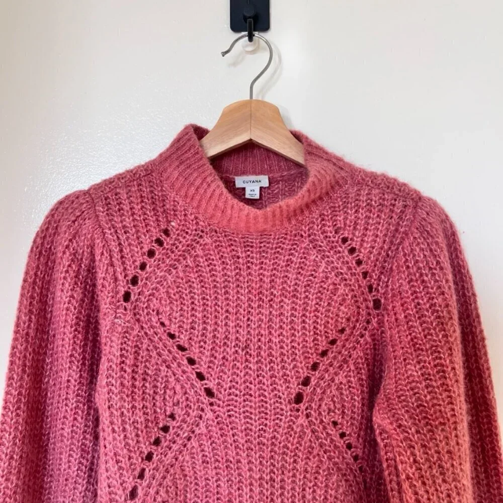 Cuyana Pink Alpaca Wool Blend Balloon Sleeve Open Knit Sweater XS​​​​​​​